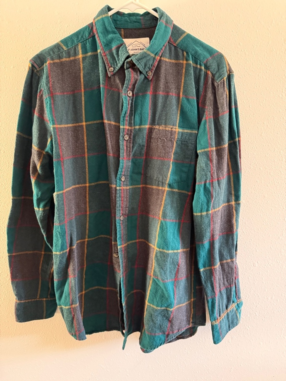 St. John’s Bay Men's Teal and Gray Plaid Button-Down Flannel Shirt